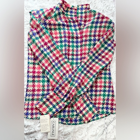NWT Vintage Carlisle Multicolor 100% Silk Women’s Blouse Houndstooth Size 8 - Picture 7 of 11